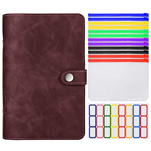 A5 Leather Binder Cover with Plastic Pockets, 6 Ring Soft Refillable Notebook Binder, 12 Colored Clear Zipper Envelopes for Budget, Scrapbook, Dies, Knitting Needle and Planner Accessories