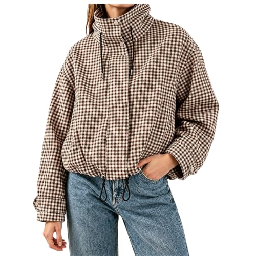 Womens Zip Up Jacket Bomber Jacket Pullover Gingham Stand Collared - image 1