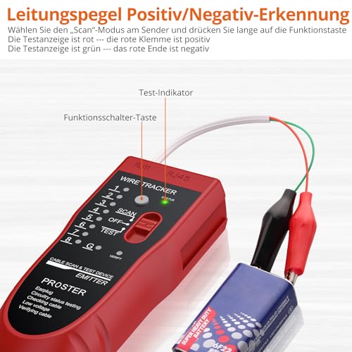 Proster Netzwerkkabel Wire Tracker Kabeltester XQ 350 mit Kopfhörer Hochempfindlicher Handheld Telefonkabeltester Wire Tracker für LAN Ethernet BNC RJ45 RJ11 Tester-Rot