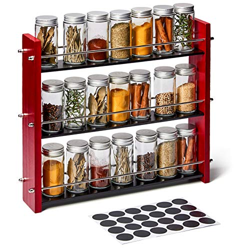 EZOWare 3 Niveles Especiero de Madera con 21 Botes Vacíos de Cristal y Etiquetas, Estante Organizador de Especias para Encimeras, Gabinetes, Armario, Cocina, Despensa - Rojo y Negro