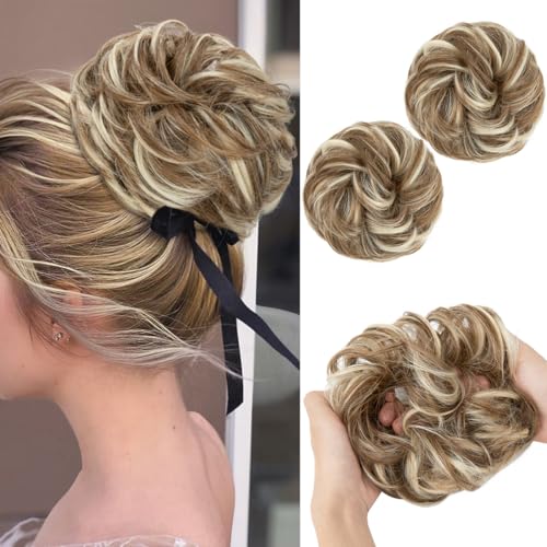 SARLA 2PCS Messy Hair Bun Hair Pieces Wavy Curly Synthetic Updo Fake Scrunchies Ponytail Extension for Women Bahama Beige