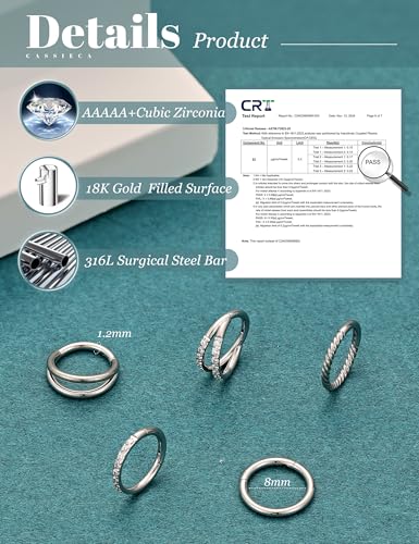 CASSIECA 5Pcs 18G 16G Surgical Steel Nose Rings Hoop for Women CZ Clicker Hinged Septum Ring Lip Helix Cartilage Double Hoop Earring Daith Rook Conch Body Piercing Jewelry for Women 8mm 10mm4