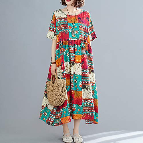 Loijon Mulheres Plus Size Vestido de Linho de Algodão Bloco de Cor Com Decote Em V Longo Maxi Plissa