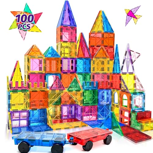 Image of 100PCS Magnetic Tiles Blocks for Kids Ages 3-5 4-8 with 2 Cars,STEM Learning Educational Preschool Magnet Building Toys for Toddlers,Christmas Birthday Gifts Toys for 3 4 5 6 7 8+ Year Old Boys Girls