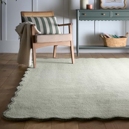 Image of Lord of Rugs Border Scallop Wool Rug for Living Room Bedroom Dining Room Scandi Carpet Hand Tufted Quality Soft Plain with Curved Edges Rug Sage Green Seagrass, Medium size 120 x 170 cm (4'x5'6")