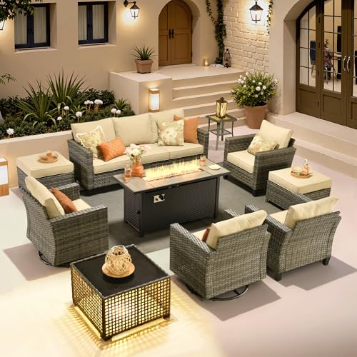 ovios 10 Pieces Patio Furniture Set with Swivel Chairs Rocking Gliders, 54" Fire Pit Table, Outdoor Sofa Couch with Solar Lights Table, Modern Deep Seat Wicker Rattan Conversation Set, Beige