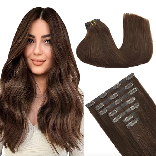 Image of GOO GOO Clip in Hair Extensions Real Human Hair, Remy Human Hair Extensions Clip ins for Women, Natural Human Hair, 16inch 110g 7Pcs, 4A Chocolate Brown