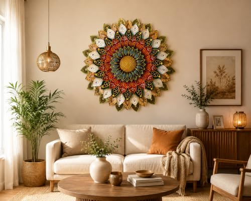 Image of SETHI AESTHETIC Metal Sunflower Wall Decor - Artistic Metal Wall Art Antique Rainbow Finish Stylish Daisy Flower Wall Art, Decorative Wall Decor for Living Room, Foyer, Home Decor, Size 54X54 CM (Metallic Rajasthani Heritage)