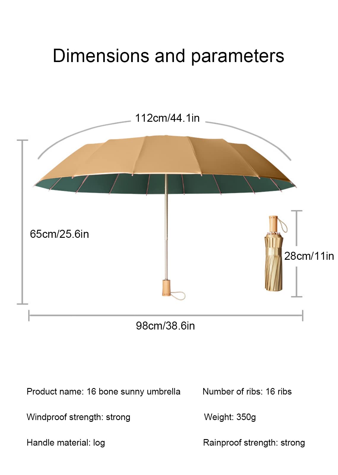 Paraguas Paraguas de Viaje a Prueba de Viento, Paraguas Plegable Impermeable Anti-UV con Pegamento Dorado Engrosado de 16 Varillas, Paraguas para Hombres y Mujeres