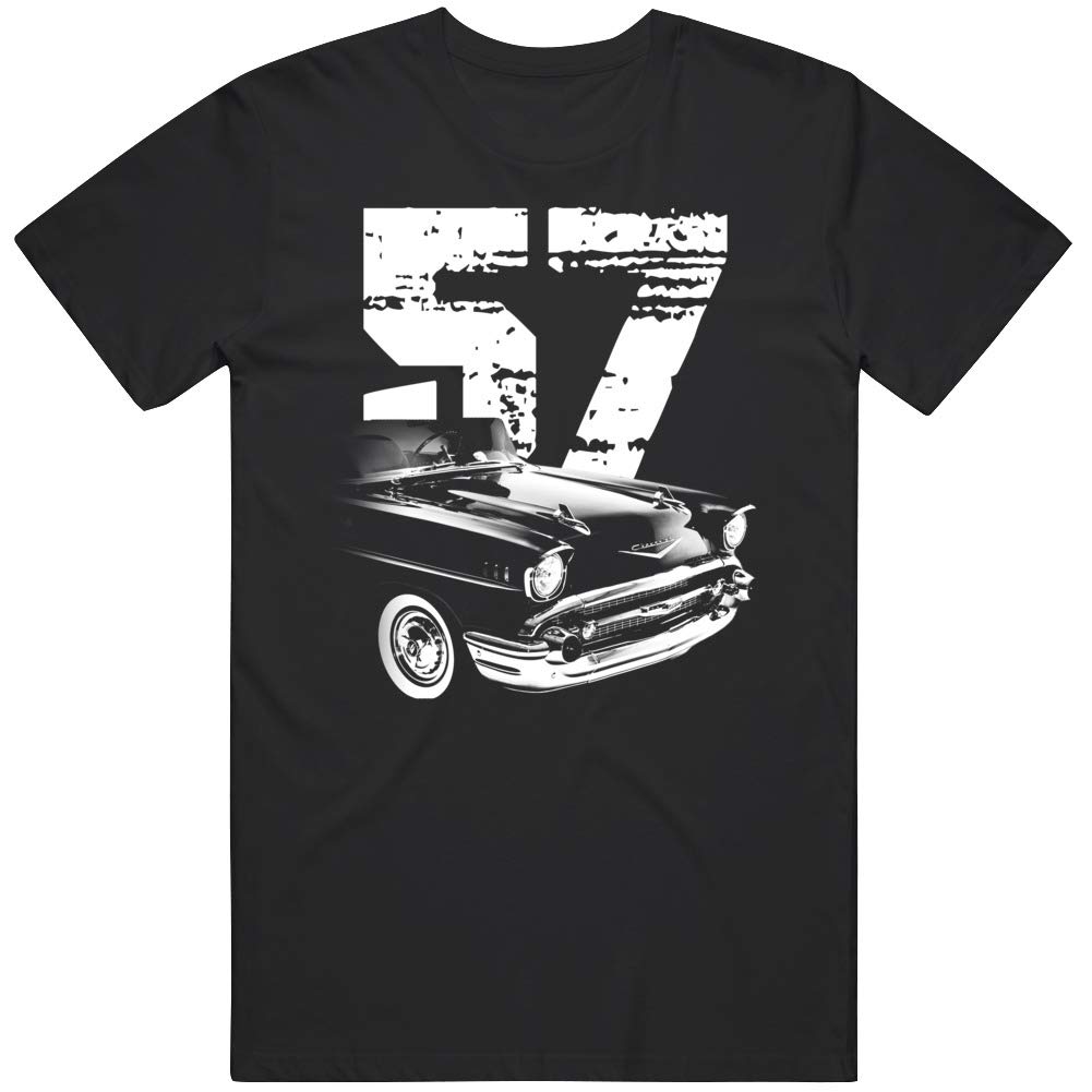 1957 Chevy Bel Air Front Side View Silhouette with White Year T Shirt L Black