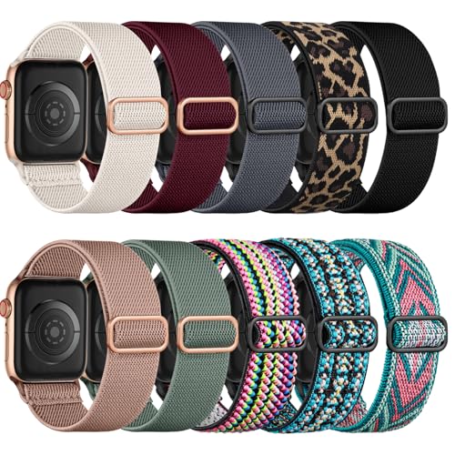 Maledan 10 Stück Elastisch Nylon Armband Kompatibel mit Apple Watch Armband 40mm 41mm 38mm 42mm Damen Herren - Dehnbar Nylon Sport Loop Band für iWatch Series 11 10 9 8 7 6 5 4 3 2 1 SE3 SE2 SE Set A