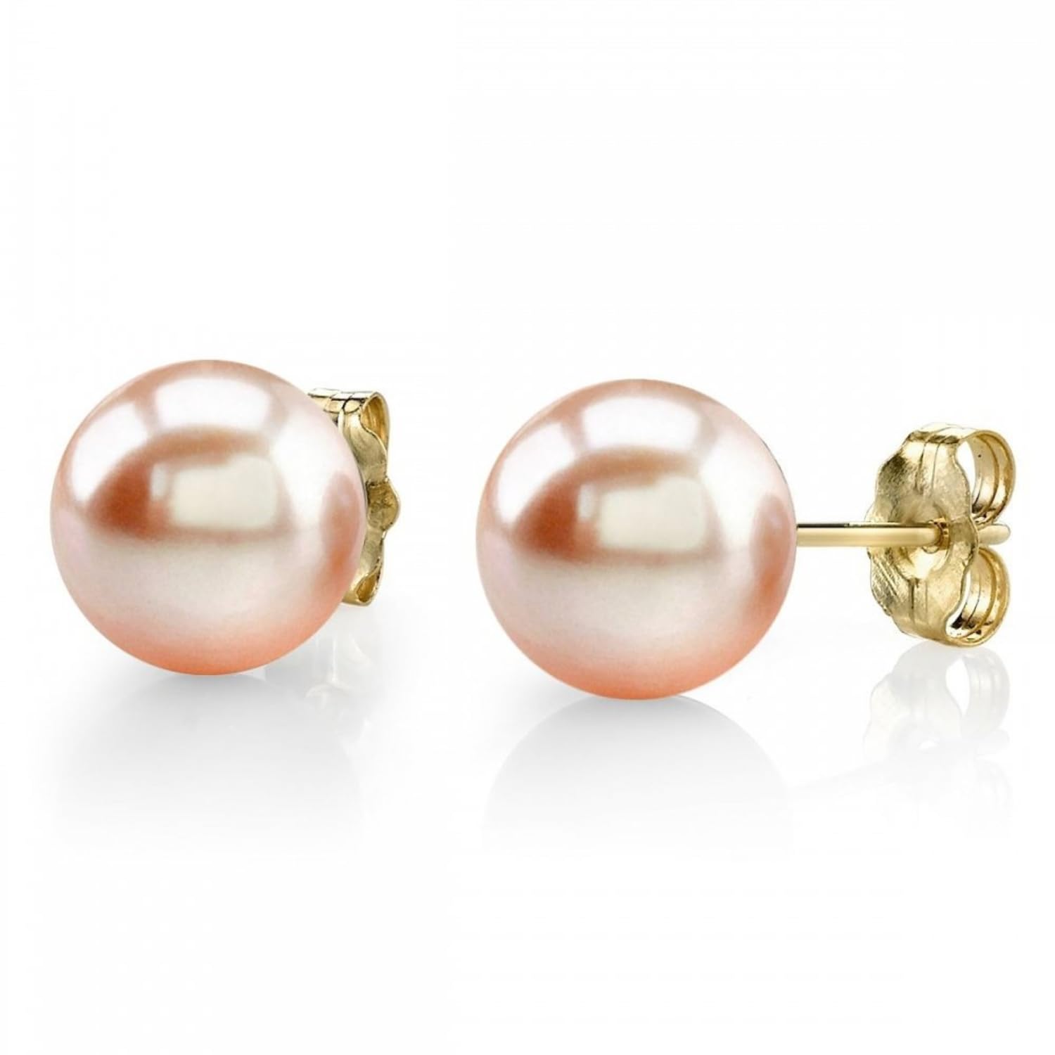 THE PEARL SOURCE Real Freshwater Pearl Stud Earrings for Women, 14K Yellow Gold AAAA Genuine Cultured Freshwater Pearls, Peach Pearl Jewelry Gift for Women, Hypoallergenic Fine Jewelry