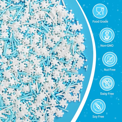 Image of Edible White Snowflake Sprinkles,Blue White Nonpareils Pearls Jimmies Mix Sugar Sprinkle,130g,light Blue Sprinkle Snow Candy for Cake Decorating,Holiday Cake Decorations,Dessert,Cupcakes,Donuts,Cookies,Ice cream Toppers,Birthday Party,Winter Frozen Baking Decorating
