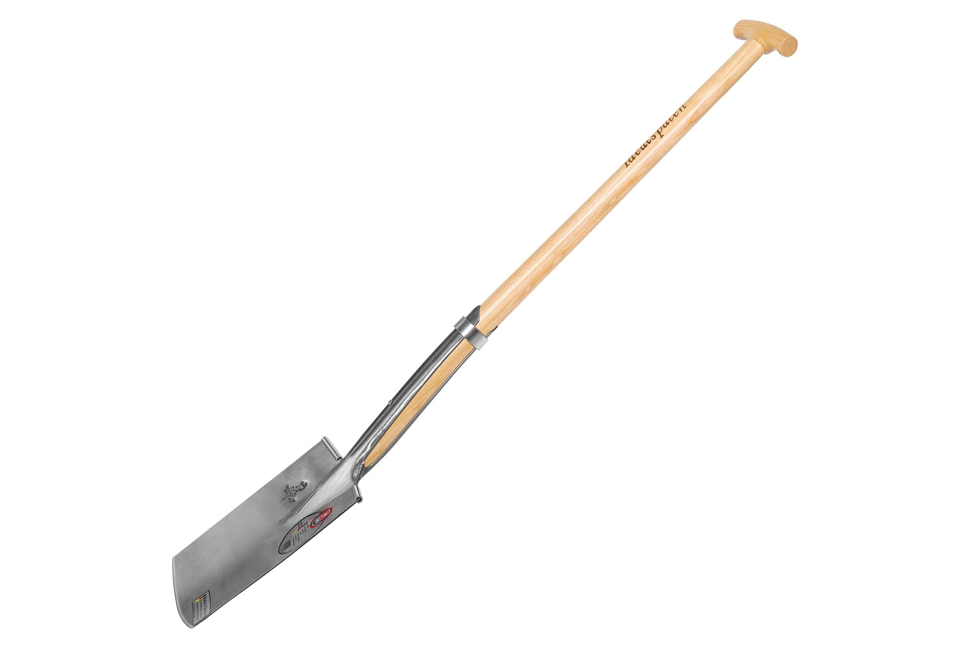 IDEAL-Rode- oder Baumschulspaten | zum Ausgraben kompletter Wurzelballen & Setzen von Bäumen | feinpolierter Doppelfederspaten mit Verstärkungsring, selbstschärfend, mit Tritt, Eschen-T-Stiel 85 cm