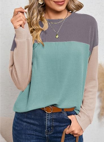 Image of Dokotoo Womens Tops Fashion 2026 Color Block Long Sleeve Shirts for Women Crewneck Knitted Casual Loose Blouses