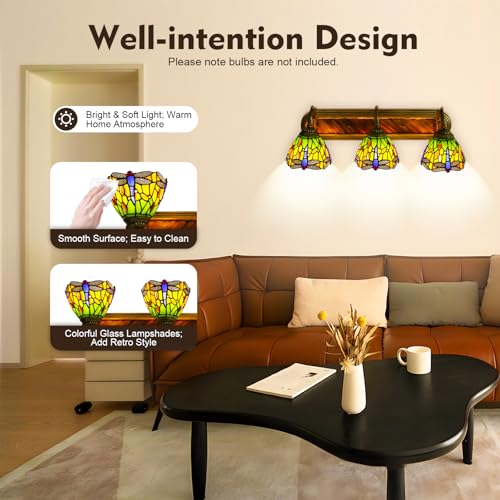 Image of Wall Sconce Vintage Bedside Wall Mount Lamp 3-Light Dragonfly Stained Glass Shade Wall Light for Bedroom Hallway Stairway Balcony