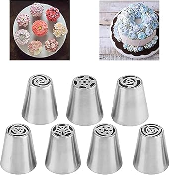 Russian Piping Tips Set,Stainless Steel Cupcake Flower Shaped Frosting Nozzle Kit Kitchen Gadgets for Pastry Cupcakes Cakes Cookies Decorating (7Pcs)