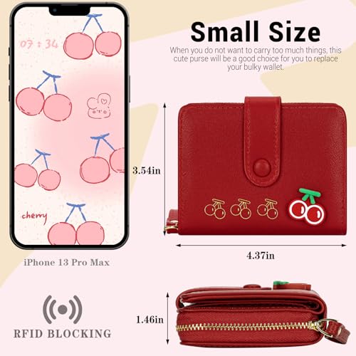 BIAOTIE Cute Wallet Women, Small Leather Bifold Cute Wallet with Zipper Coin Pocket Wallets for Women, Ladies, Female (Cherry Red)3
