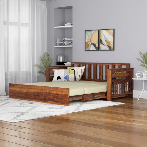 Image of Sheesham Wooden Sofa Cum Bed for Living Room with Side Pocket Storage - 3 Seater Sofa Cum Bed with Storage - 3 Person Sofa Cuma Bed Wooden with Premium Cushion Seating (Honey Finish)