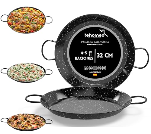 TEHORNEO Paellera Induccion, Paellera 32 cm de Acero Esmaltado 4-5 raciones, Paella Induccion, Paella 32 cm Compatible con Inducción, Vitrocerámica, Gas y Electrica, Paelleras 32cm