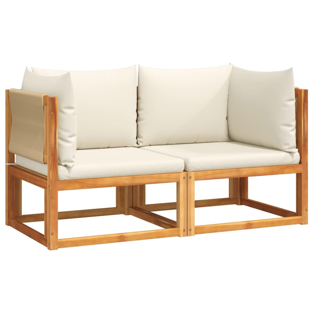 Set di 2 divani da giardino in legno di acacia, con cuscini imbottiti, divano da giardino modulare con schienali intrecciati, set di mobili da giardino con cuscini e corda intrecciata