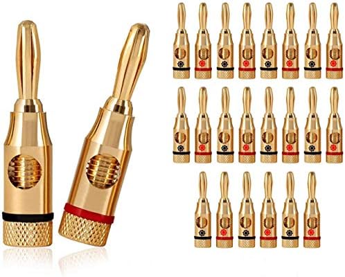 24K Gold Plated Speaker Banana Plugs – 12 Pairs/ 24 pcs – Open Screw Type, for Speaker Wire, Home Theater, Wall Plates and More (12 Red, 12 Black)