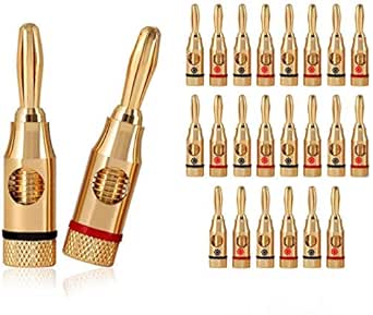 24K Gold Plated Speaker Banana Plugs – 12 Pairs/ 24 pcs – Open Screw Type, for Speaker Wire, Home Theater, Wall Plates and More (12 Red, 12 Black)
