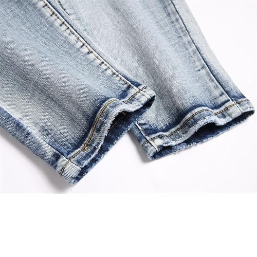 Light Blue Skinny Jeans, Elastic Four-Season Denim Pants, Embroidered Streetwear Jeans with Ripped Embroidery,293