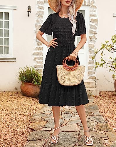 Image of Kranda Women 2025 Summer Spring Round Neck Flutter Short Sleeve Casual Swing Flowy Ruffle Smocked Swiss Dot Midi Dress