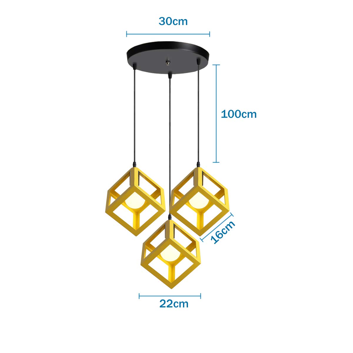 iDEGU 3 Światła Żyrandol Wisiorek Vintage Styl Geometryczny Lampa Wisząca Oprawa w kształcie kostki Metalowa lampa sufitowa do sypialni, salonu, jadalni, kuchni - 16 cm, żółta