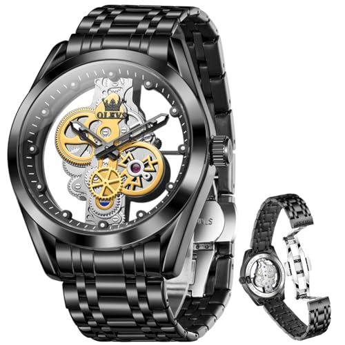 Image of OLEVS Mens Watch Luxury Skeleton Stainless Steel Fashion Wrist Watch Business Dress Analog Date Waterproof Luminous Gift Watch for Male