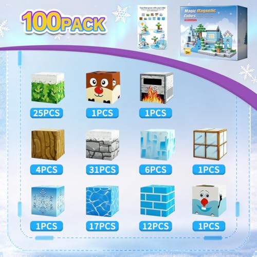Ice Castle Magnetic Cubes 100PCS - Frozen Kingdom Themed Magnetic Blocks Set for Kids Ages 3+, STEM 3D Magnet Tiles Educational Construction Toys Sensory Montessori Stacking Blocks Gifts Girls Boys - Image 2
