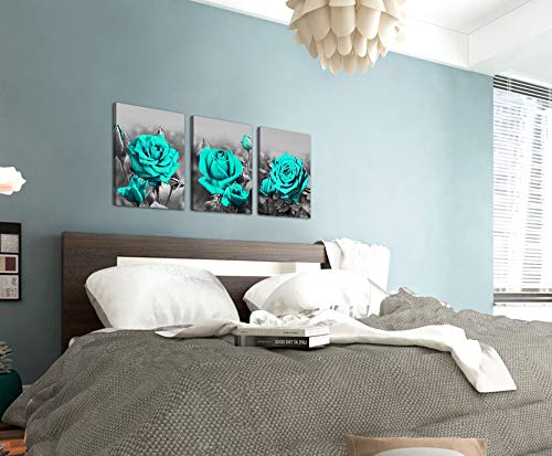 Wall Art for Bedroom Simple Life Black and White Blue Rose Flowers Canvas Wall Art Decor 12" x 16" 3 Pieces Living Room Decoration Office Art Framed Canvas Prints Ready to Hang for Home Decoration