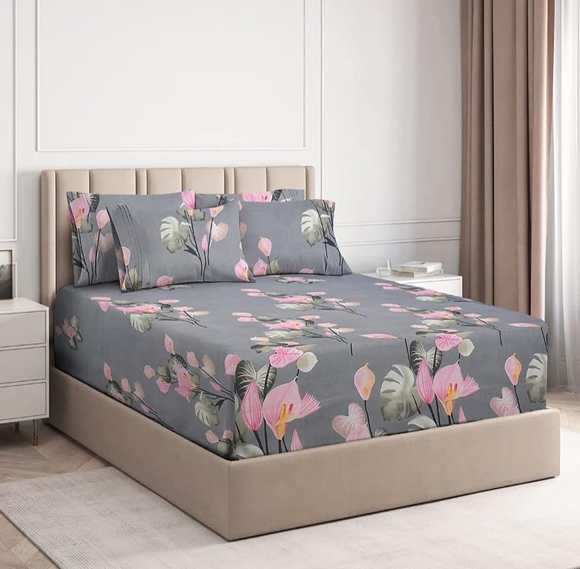 Geeta Homes Premium Cotton Feel Glace Cotton 210 Tc Elastic Fitted Bedsheets with 2 Pillow Covers Double Bed with Corner Elastic Floral Pattren |Size-72X68+ 6 Inches Homes 4394-picture-31