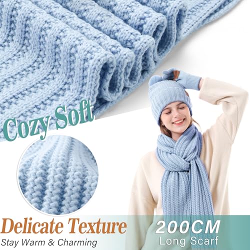 Womens Winter Warm Beanie Hat Long Neck Scarf Touchscreen Gloves Set Knit Skull Caps Pompom Fleece Gifts3