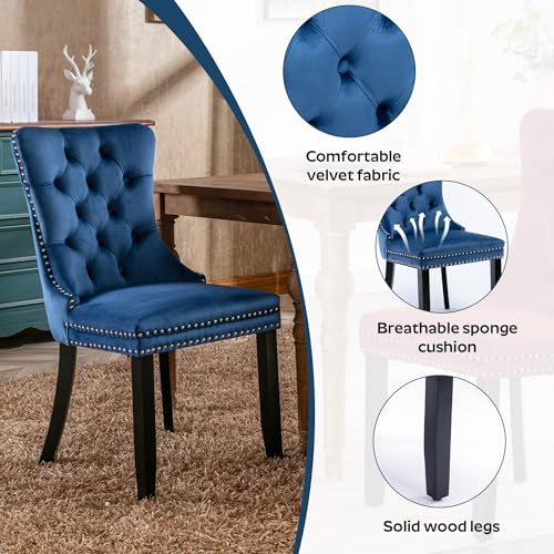 Image of 5-Piece Dining Table Set with 47In Tempered Glass Table and 4 Velvet Upholstered Chairs, Modern Scandinavian Furniture for Dining Room Kitchen(Blue)