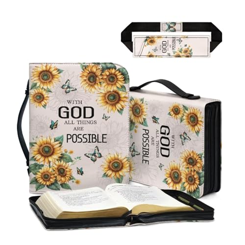 COEQINE Sunflower Butterfly Bible Cover Case 2 Pack for Women Fashion Bible Church Study Book Carrier with Pockets Handle Zippe and Pu Bookmarks Bible Study Supplies