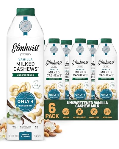 Elmhurst 1925 Vanilla Cashew Milk Unsweetened - 32 Ounce (Pack of 6) Dairy-Free, Vegan, Kosher, Shelf Stable Milk Made with Vanilla, Water & Cashew for Healthier, Simpler Plant-Based Alternatives