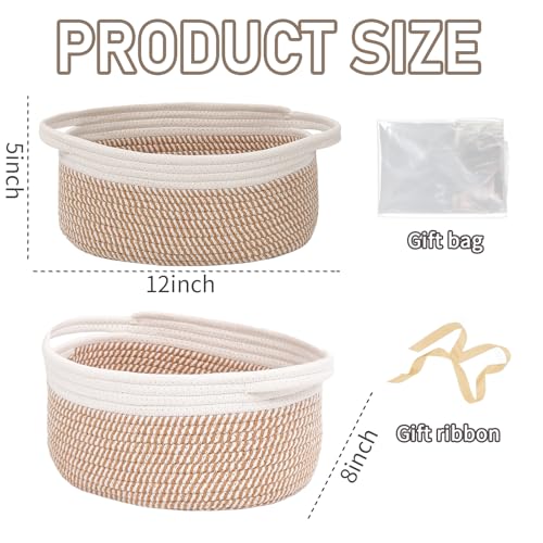Image of JMvicyroam Small Woven Basket, Empty Gift Basket, White&Brown Block /2 Pack | Small Gift Basket, Cotton Rope, 12 x 8 x 85 in, Handles, Includes Ribbon and Bag, Birthday Gift Basket