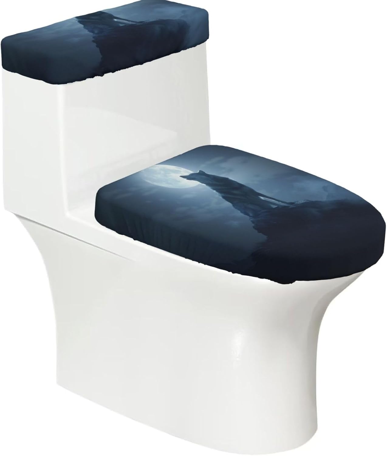 The Wolf On A Full Moon Night Toilet Lid Cover and Toilet Tank Lid Cover Set, 2-Piece Bathroom Toilet Lid Seat Cover Set Polyester Set for U/O/Long Shape Toilets