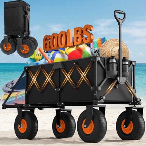 Beach Wagon with Big Wheels for Sand - Heavy Duty 10' Wheel Collapsible Wagons Foldable Large Wagon Cart Folding All Terrain for Camping