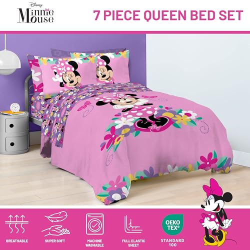 Image of Disney Minnie Mouse Queen Comforter Set 7 Piece Kids Bedding, Pink | Bed in a Bag, Comforter Sheets Shams Pillowcases, Official Brand, Soft Microfiber, Machine Washable, Girls Gift