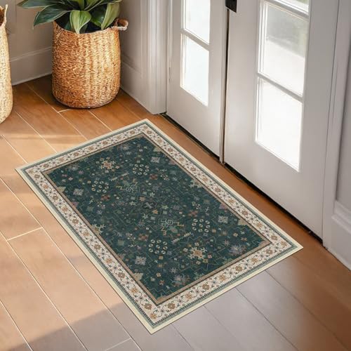 Image of Dark Green 2x3 Door Mat Indoor Entrance Rug - Small Throw Area Rugs for Entryway, Kitchen, Bathroom, Bedroom, Laundry Room - Vintage Boho Eclectic Floral, Washable Low Pile Non-Slip