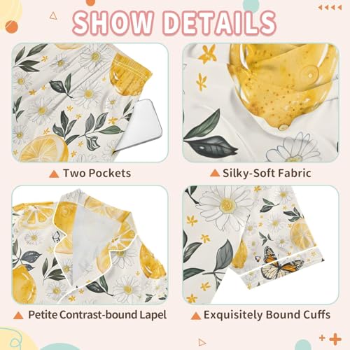 senya Lemon Flowers and Butterflies Satin Summer Pajama Sets Silk Short Sleeve Button Down Sleepwear3
