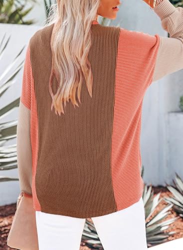 Dokotoo Womens Casual Color Block Knitted Long Sleeve Shirts for Women Loose V Neck Button Down Pullover Blouses Tops2