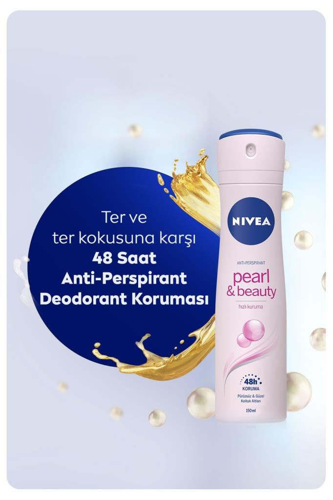 NIVEA Kadın Sprey Deodorant Pearl&Beauty, Ter ve Ter Kokusuna Karşı 48 Saat Anti-perspirant Koruma 150ml x 2 Adet, Pürüzsüz Koltuk Altı, Avantajlı Paket