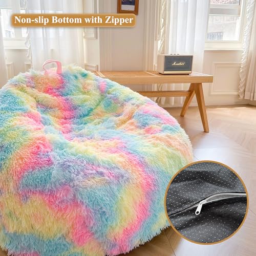 XeGe Faux Fur Comfy Bean Bag Cover for Living Room(No Filler), Tie Dye Fluffy Stuffed Animal Storage Bean Bag Chair Cover, Furry Fuzzy Big Beanbag Cover for Adult Teen Kid Girl, Anti-slip, Rainbow - Image 3