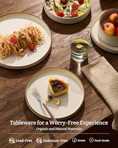 Image of Famiware Stoneware Dinnerware Set for 6 with Pasta Bowls, Dishes with Trim | Cream, 24 pcs creamic double bowls & flat plates, chip & scratch resistant, microwave & dishwasher safe, everyday formal use