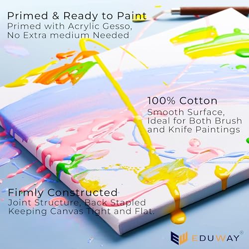 Image of Eduway 10x10 inches Pre Stretched Medium Grain 7Oz Primed Cotton Painting Canvas with Wooden Frame for Beginners & Artist | Suitable with Acrylic, Oil, Water Colours - (Set of 2)`