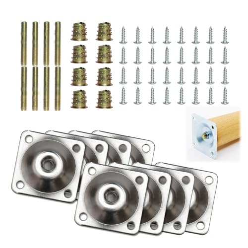 8 Pcs Placas de Montaje Plateadas de Muebles para Patas, 4 Placas de Montaje en Forma de T de 12 Grados y 4 Placas Planas, Fijación para Patas, Incluye Tornillos y Tuercas para Fijación Segura